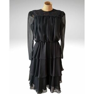 VTG Sylvia Ann 90s 80s Black Dress Witchy Goth Ruffled Tiered Lace Sheer USA 12